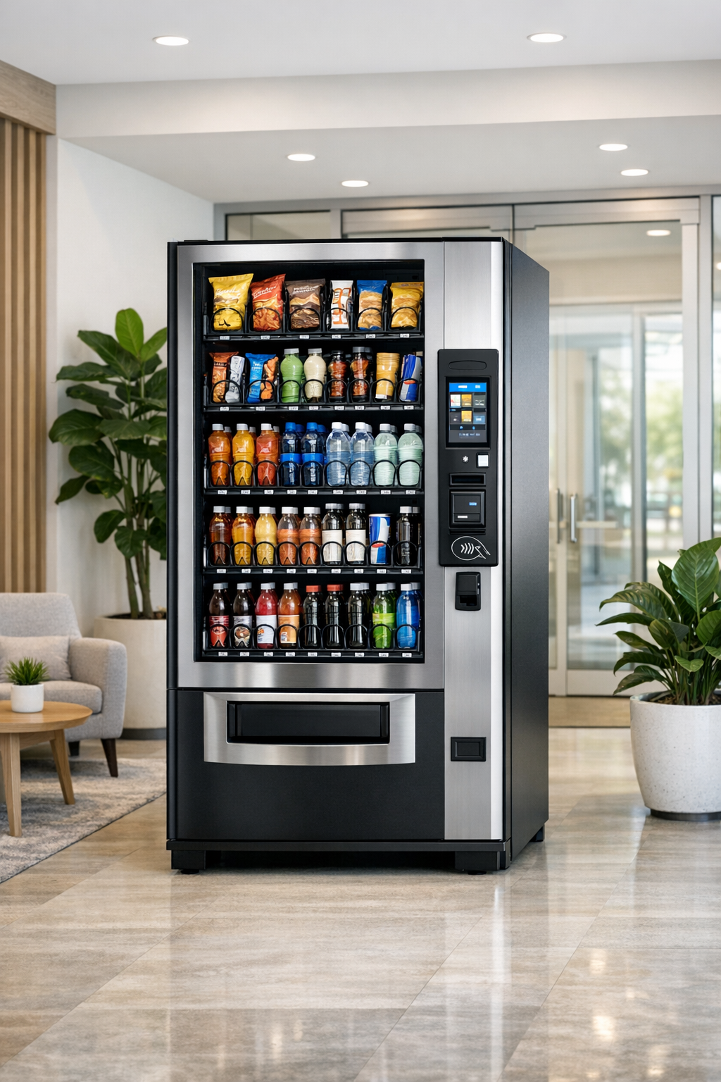 Modern cashless vending machine in a warehouse break area