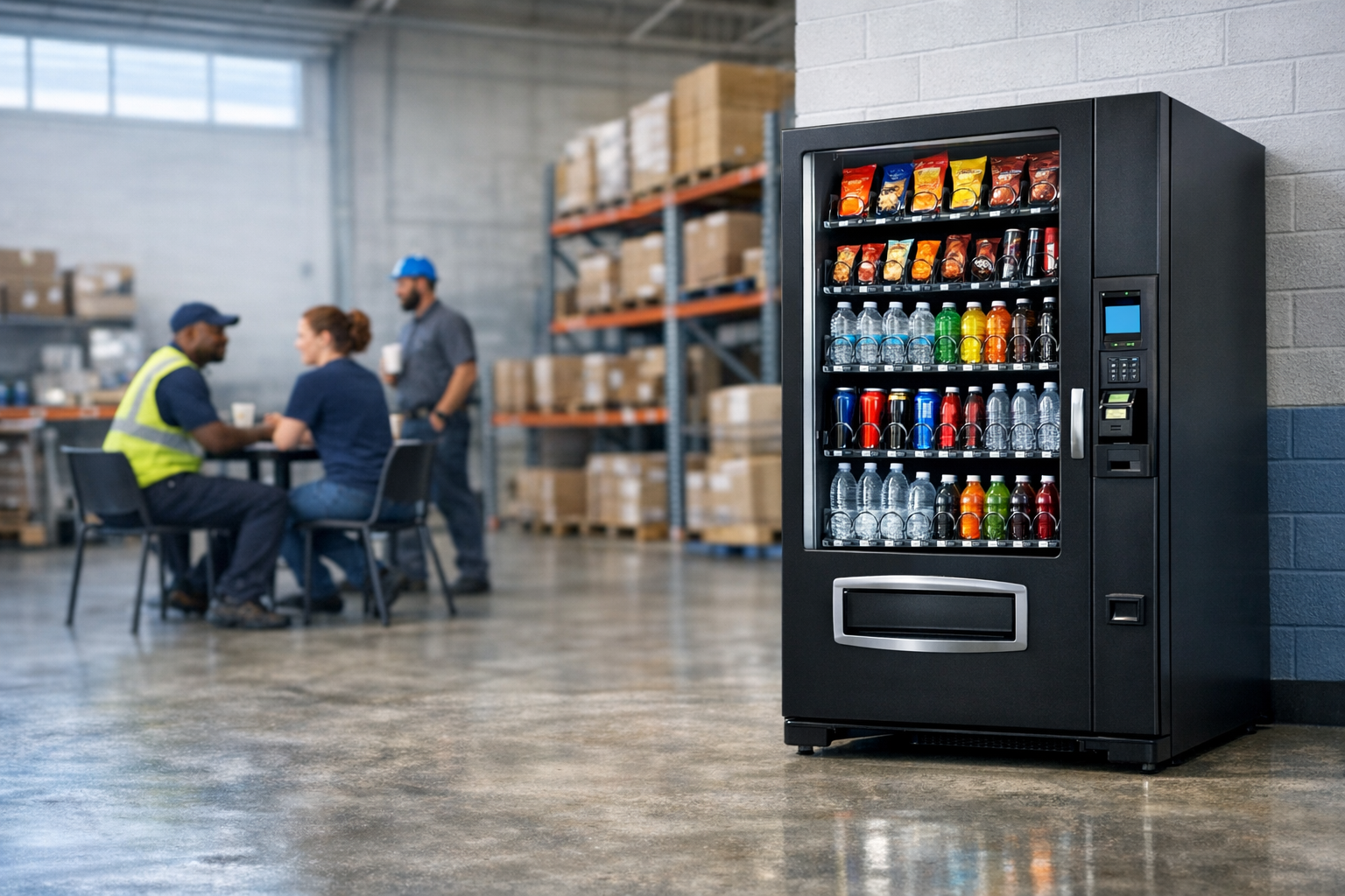 Modern cashless vending machine in a bright lobby setting